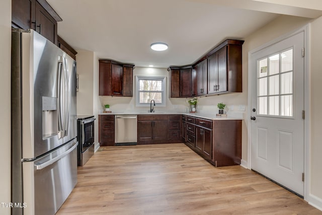 kitchen featuring a sink, dark brown cabinetry, light countertops, appliances with stainless steel finishes, and light wood-type flooring