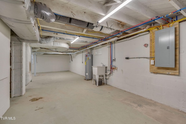 unfinished basement featuring electric panel, water heater, and a sink