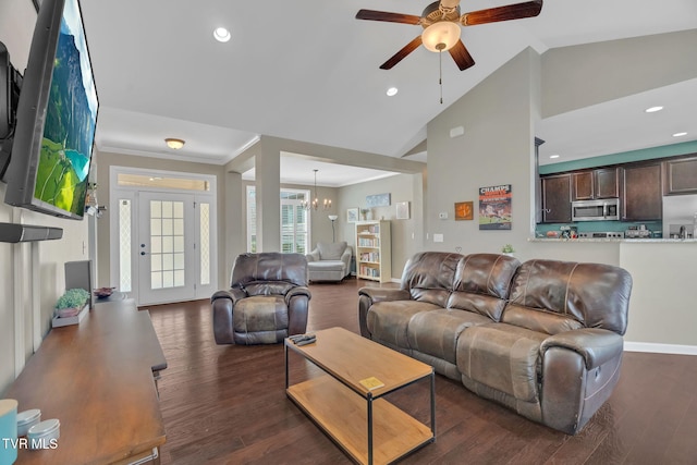 living area with ornamental molding, recessed lighting, dark wood-style flooring, and high vaulted ceiling