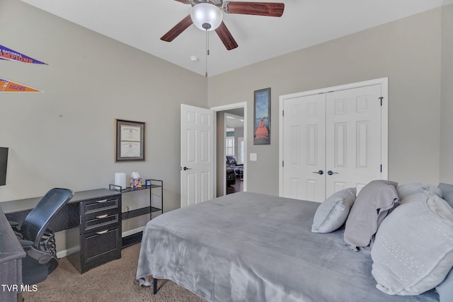 bedroom with carpet, a ceiling fan, and a closet