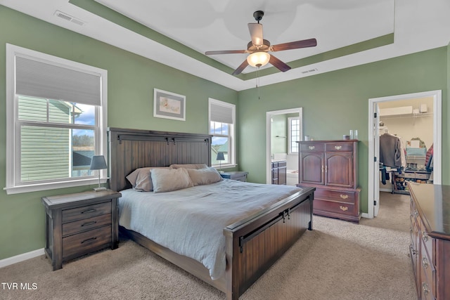 bedroom with a spacious closet, a tray ceiling, and multiple windows