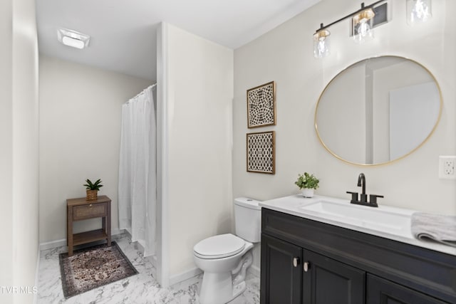 full bath featuring marble finish floor, vanity, toilet, and baseboards