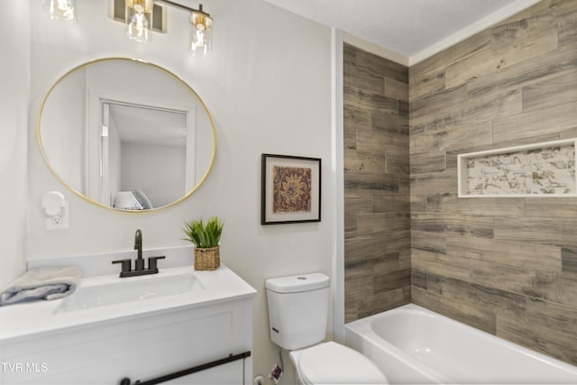 bathroom featuring  shower combination, vanity, and toilet