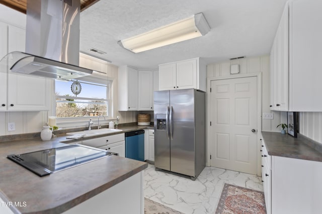 kitchen with island range hood, stainless steel fridge with ice dispenser, dark countertops, dishwashing machine, and marble finish floor