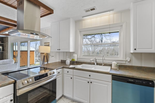 kitchen featuring a sink, visible vents, dishwasher, island exhaust hood, and stainless steel range with electric stovetop