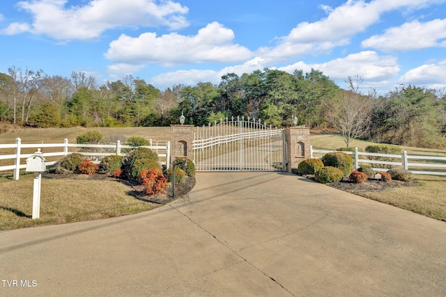 view of gate with fence, a lawn, and a rural view