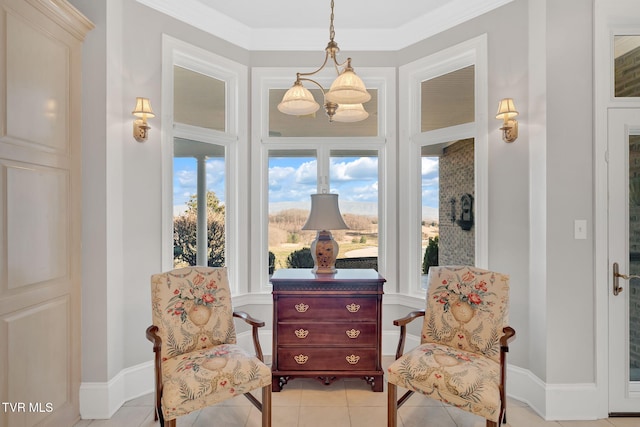 living area featuring crown molding, baseboards, and light tile patterned floors