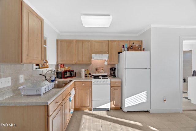 kitchen with light brown cabinetry, white appliances, a sink, and under cabinet range hood