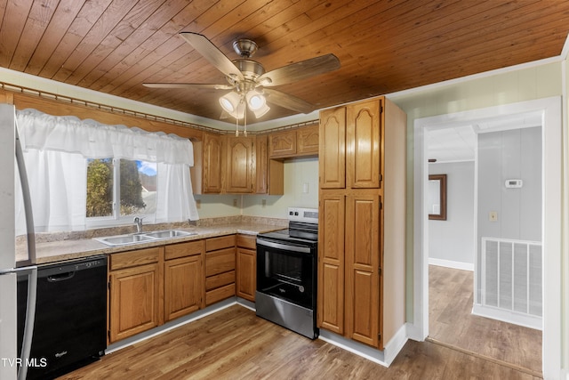 kitchen featuring black dishwasher, visible vents, electric stove, wood ceiling, and a sink