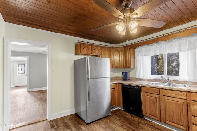 kitchen featuring a sink, dark wood-type flooring, dishwasher, and freestanding refrigerator