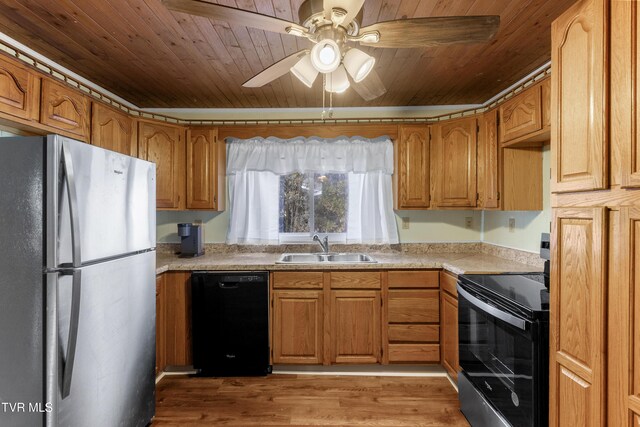 kitchen featuring wooden ceiling, brown cabinets, a sink, and black appliances