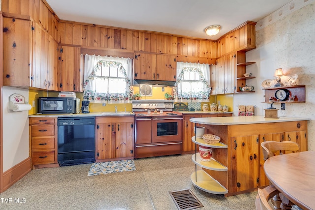 kitchen featuring open shelves, visible vents, black appliances, and light countertops