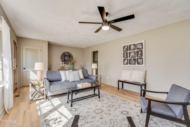 living area featuring a textured ceiling, ceiling fan, light wood-type flooring, and visible vents