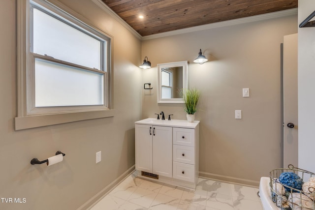 bathroom featuring wooden ceiling, vanity, baseboards, marble finish floor, and ornamental molding