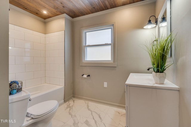 full bathroom featuring baseboards, toilet, wood ceiling, marble finish floor, and vanity