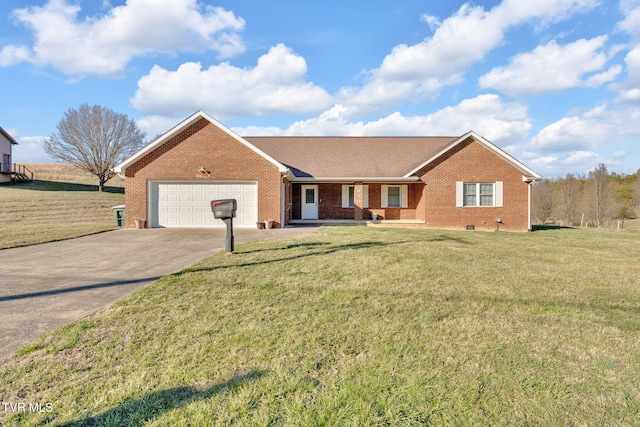 single story home with driveway, crawl space, an attached garage, a front lawn, and brick siding