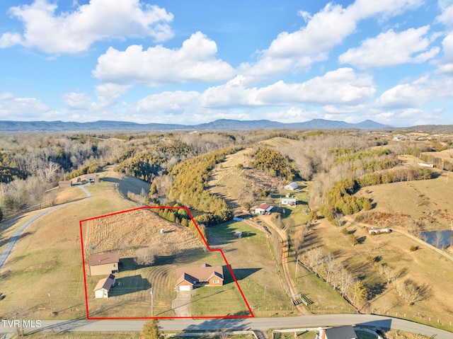 drone / aerial view featuring a mountain view