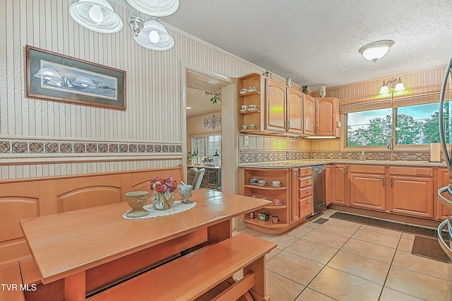 kitchen with light tile patterned flooring, wallpapered walls, a textured ceiling, and open shelves