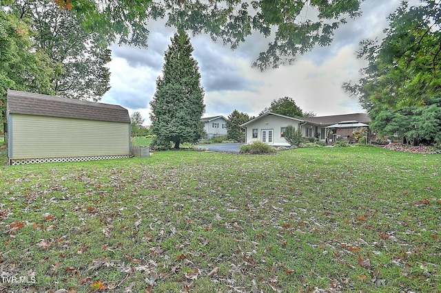 view of yard with an outdoor structure, driveway, and a storage unit