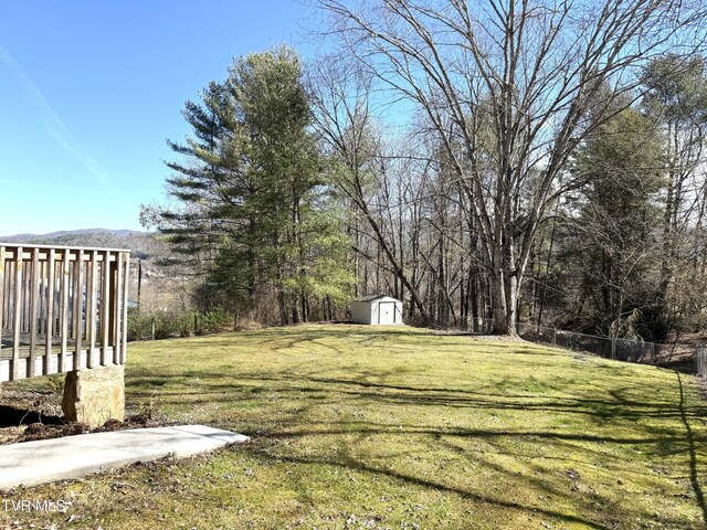 view of yard with a storage shed, an outdoor structure, and fence