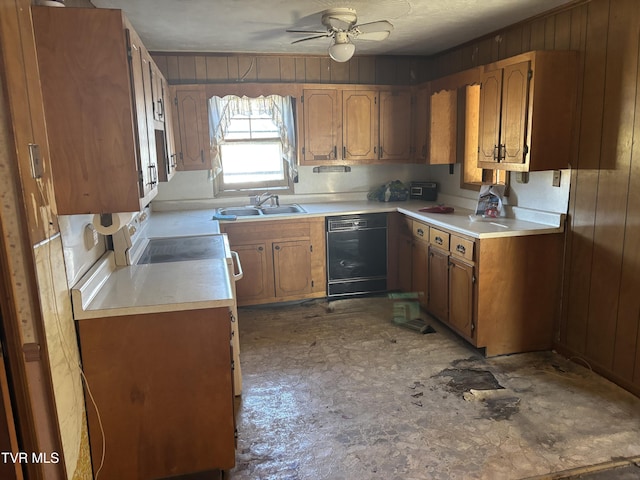 kitchen with a sink, dishwasher, brown cabinetry, and light countertops