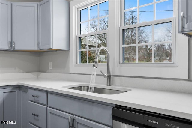 kitchen with light countertops, a healthy amount of sunlight, a sink, and dishwashing machine