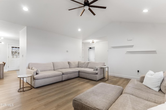 living room with ceiling fan, high vaulted ceiling, recessed lighting, baseboards, and light wood-style floors