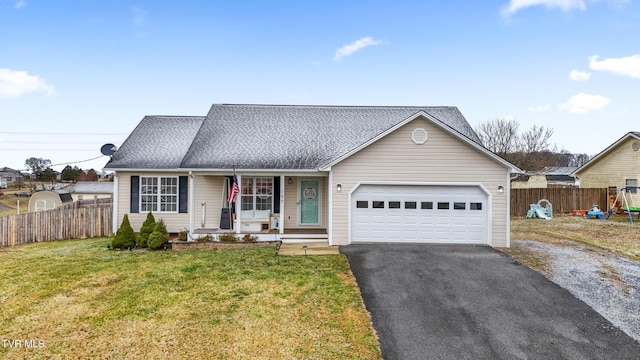 view of front of home with aphalt driveway, an attached garage, covered porch, fence, and a front yard