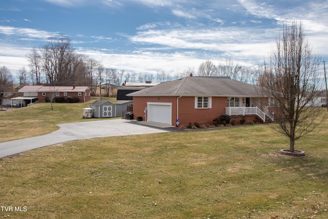 ranch-style house featuring a storage shed, concrete driveway, covered porch, a front lawn, and brick siding