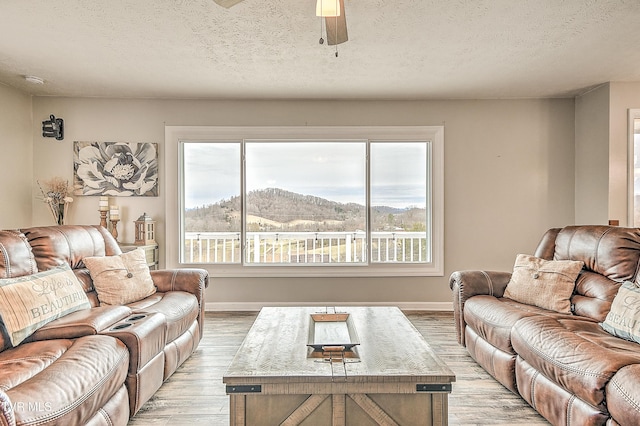 living area featuring a healthy amount of sunlight, light wood-style flooring, and a textured ceiling