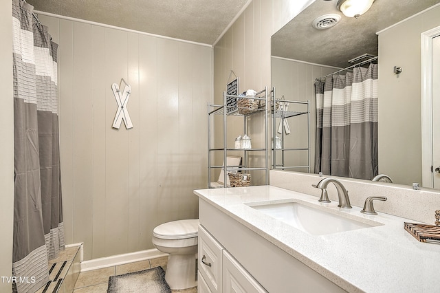 full bathroom with visible vents, toilet, tile patterned flooring, a textured ceiling, and vanity