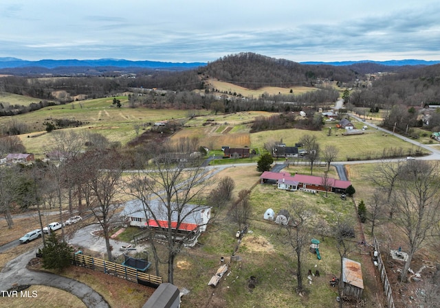 birds eye view of property featuring a rural view and a mountain view