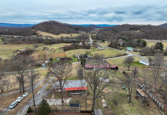 aerial view featuring a rural view and a mountain view