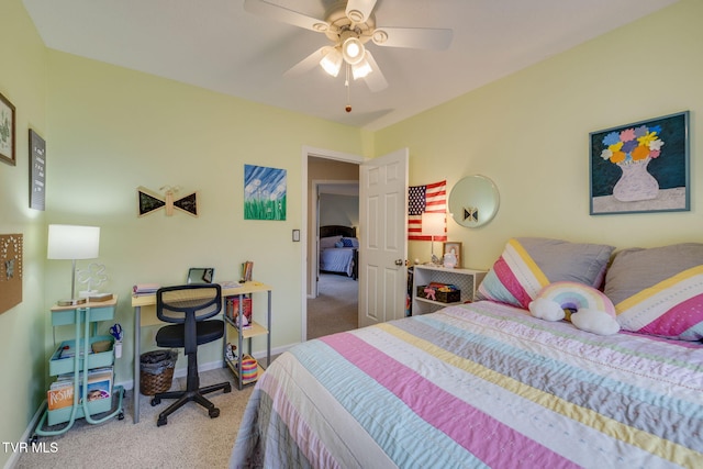 bedroom featuring a ceiling fan, baseboards, and carpet flooring