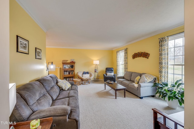 carpeted living area with ornamental molding, plenty of natural light, and baseboards