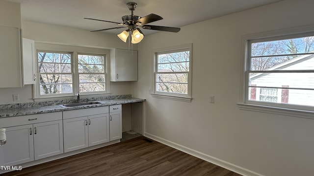 kitchen featuring dark wood-style floors, a sink, baseboards, and light stone countertops