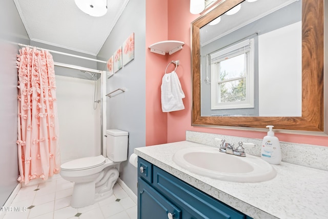 bathroom with vanity, a shower with shower curtain, ornamental molding, tile patterned floors, and toilet