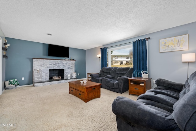 carpeted living room featuring a fireplace, baseboards, and a textured ceiling