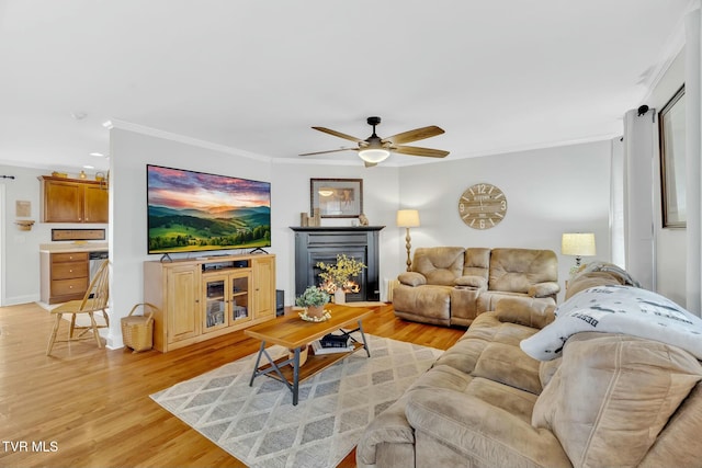 living area featuring a warm lit fireplace, baseboards, a ceiling fan, ornamental molding, and light wood-type flooring