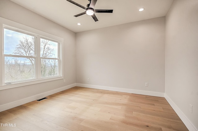 unfurnished room with visible vents, light wood-style flooring, recessed lighting, baseboards, and ceiling fan