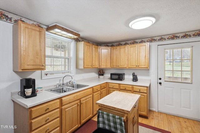 kitchen with a sink, black microwave, and light countertops