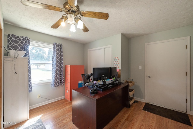 office featuring ceiling fan, light wood-style flooring, baseboards, and a textured ceiling