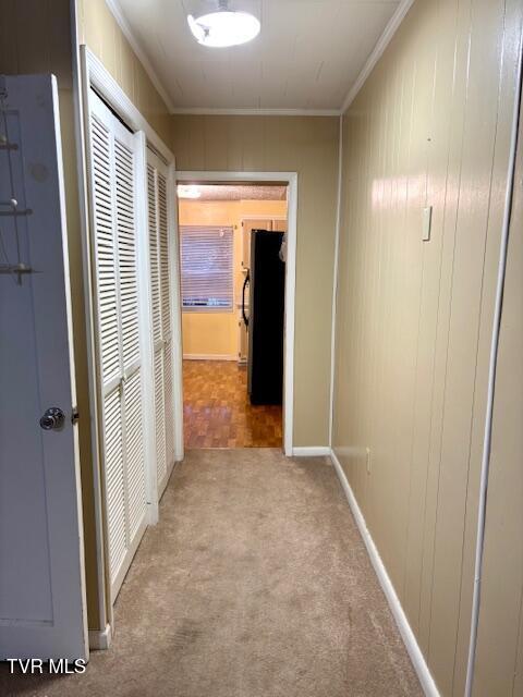 hall with wood walls, carpet, and ornamental molding