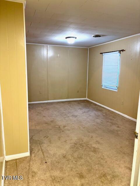 carpeted spare room with wooden walls