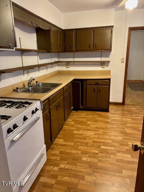 kitchen featuring white gas range oven, light wood-style flooring, dark brown cabinets, open shelves, and a sink