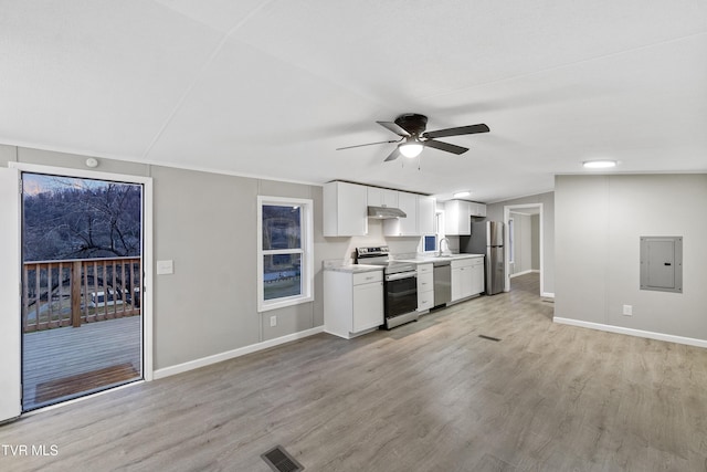 kitchen featuring visible vents, electric panel, under cabinet range hood, appliances with stainless steel finishes, and white cabinets