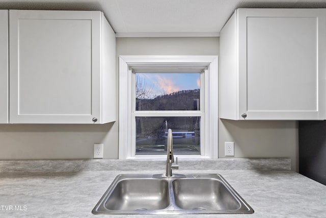 kitchen with a sink, white cabinets, and light countertops