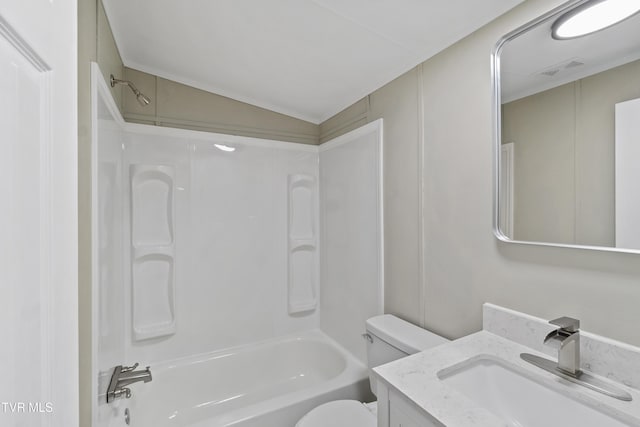 full bathroom with visible vents, toilet, shower / bathing tub combination, lofted ceiling, and vanity