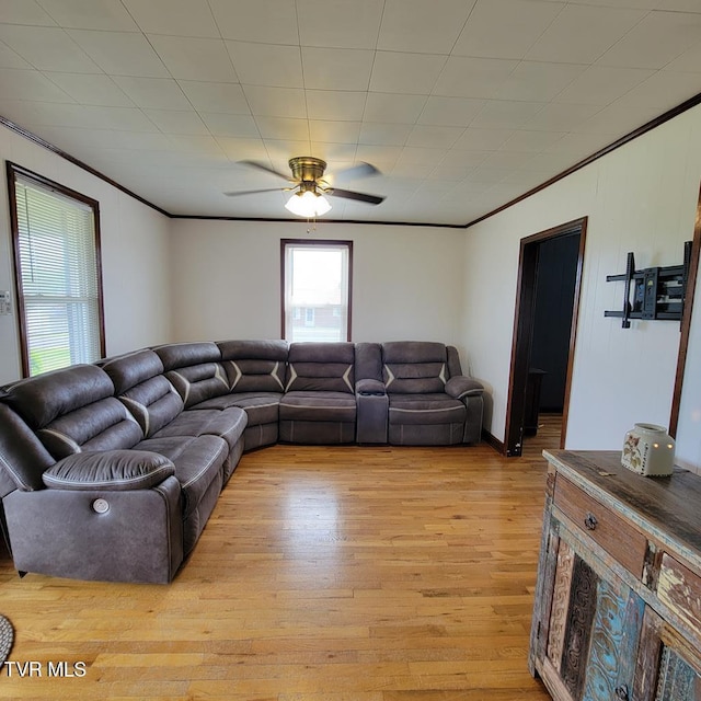 204 Highland Ave, Glade Spring, VA 24340 - living room with crown molding, light wood-style floors, and a ceiling fan