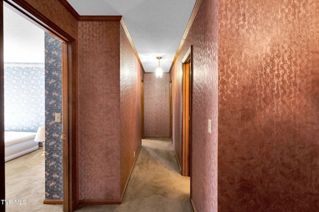 corridor featuring wallpapered walls, a textured ceiling, carpet, and ornamental molding